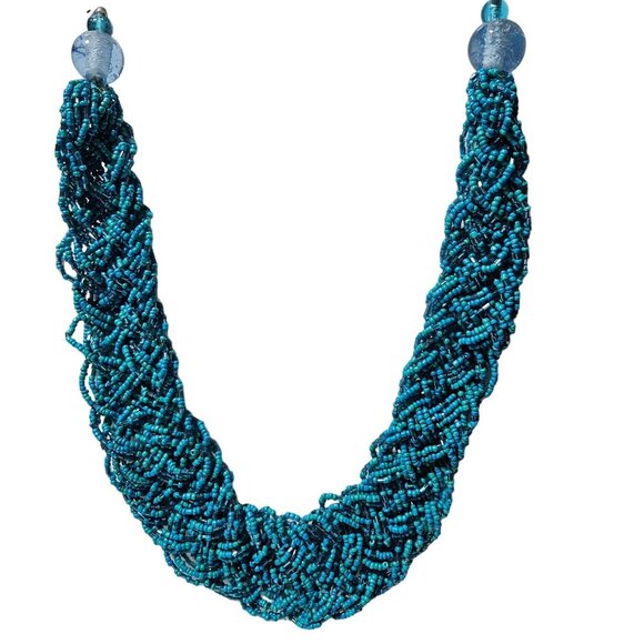 Retro Handmade Turquoise Blue Seed Beaded Chunky Rope Necklace Glass Accents - Picture 1 of 6